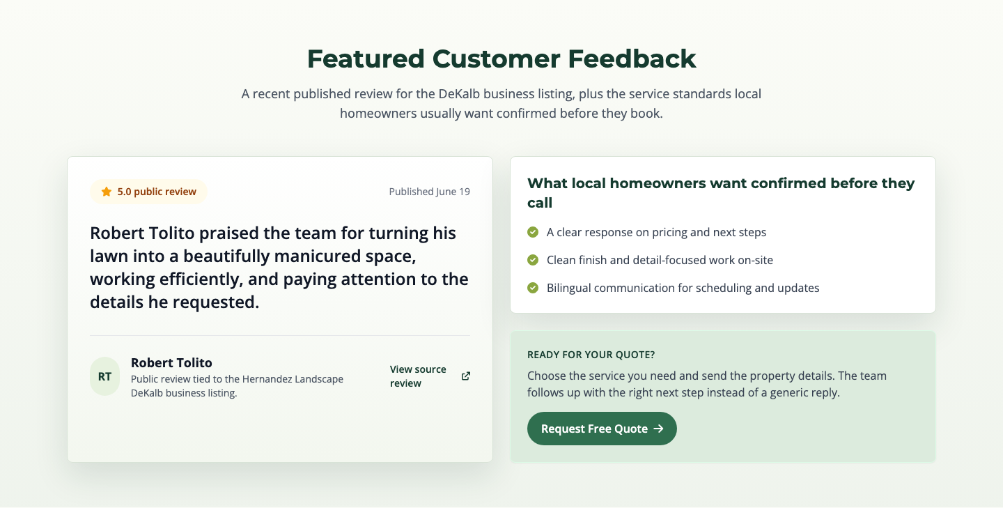 Screenshot of the Hernandez Landscape website trust and services section.