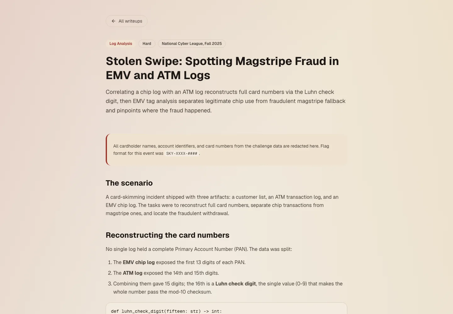 Screenshot of David Ortiz's published Stolen Swipe log forensics writeup