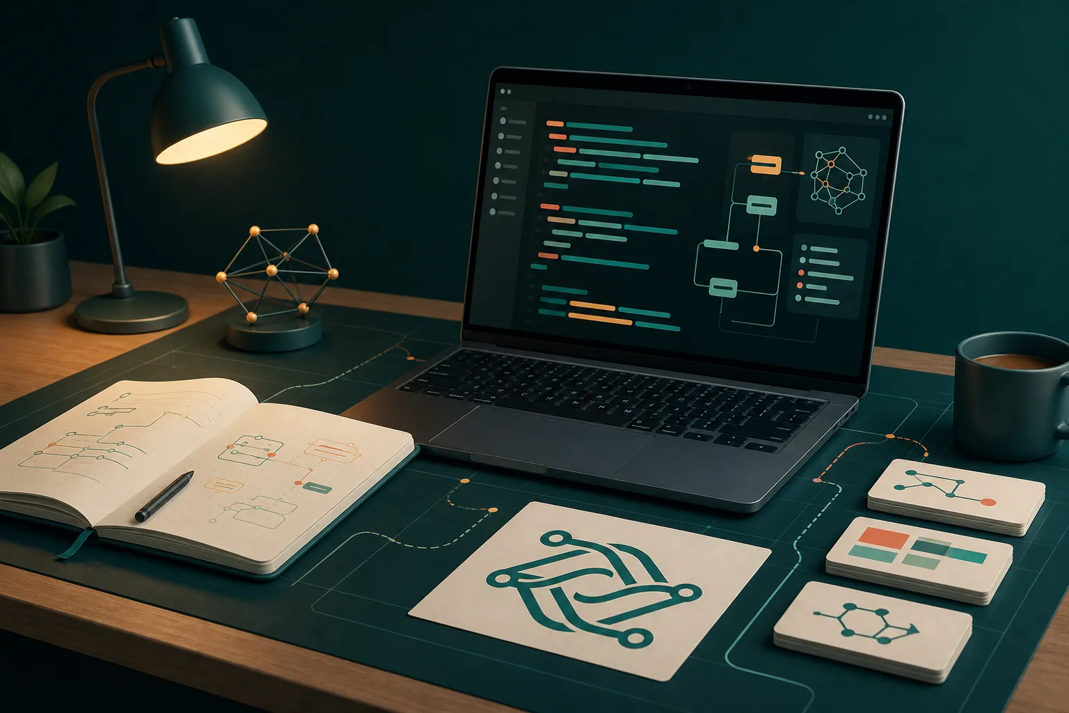 Desk scene with a laptop, notebook, and project cards representing a builder's workbench.